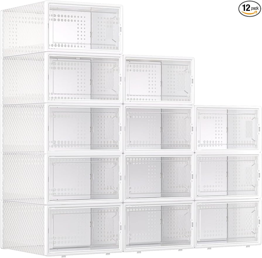 Large Shoe Storage Boxes Organizers Clear Plastic Stackable 12 Pack Fit Size 9, Shoe Rack & Holder Substitute, Sneaker Containers, Toy Storage Organizer Bins for Entryway, Closet, Under Bed