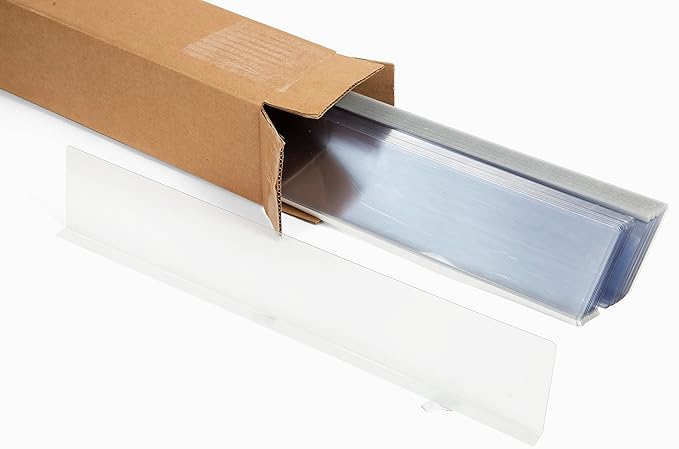Shelf Divider/Retainer Adhesive Mount, Clear Plastic 18" L x 3" H x .5" W x 20 Mil Thick, 50 Pack
