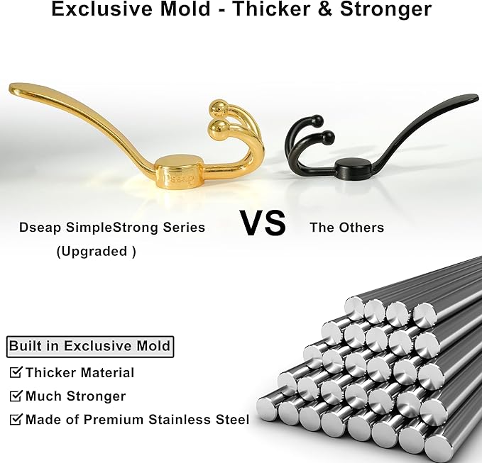 Dseap Over Door Hook 2.0 - Upgraded Version - Simple-Assembly, Strong, Heavy-Duty Stainless Steel 5-Tri-Hook Over The Door Hanger Rack, SimpleStrong Series, Gold, Pack of 2