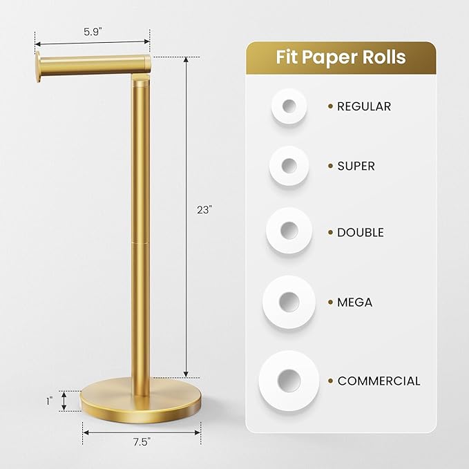 Cesun Toilet Paper Holder Stand Free Standing, Gold Toilet Paper Storage with Heavy Weighted Base, Bathroom Stainless Steel Toilet Paper Roll Holder, Non-Slip, Gold