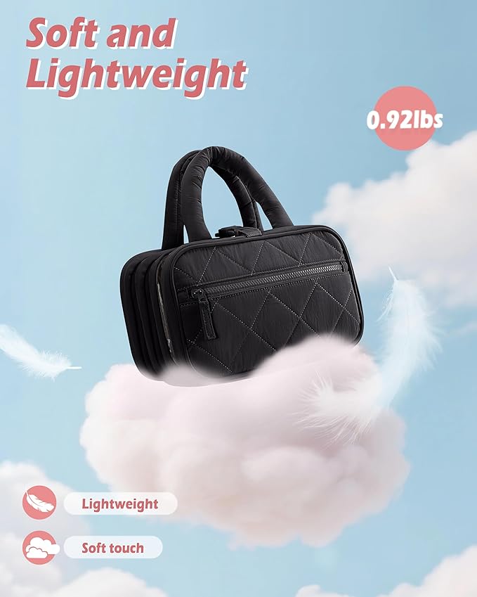 Travel Toiletry Bag for Women with Hanging Hook, Puffy Makeup Organizer with Brushes Slots for Bathroom, Shower and Beauty Essentials, Black