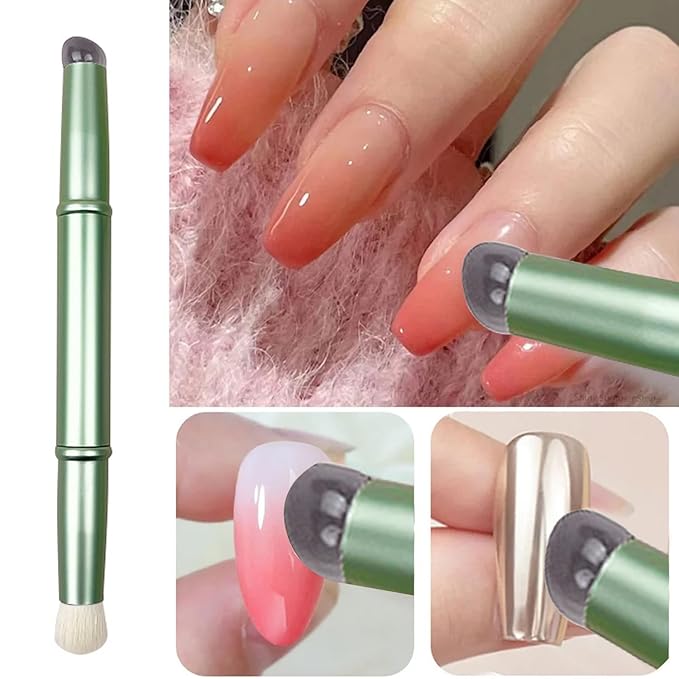 WOKOTO 1pcs Chrome Green Double-Headed Nail Art Brushes Silicone Ombre Nail Brushes And Nail Dust Brushes Picking Dotting Gradient Pen Brush Nail Ombre Brush For Acrylic Nails Painting Cleaning