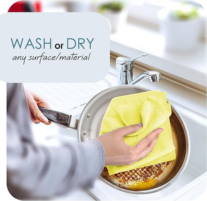 Hearth & Harbor Microfiber Cleaning Cloth Towels for Cars, 24 Pack Yellow Washcloths, Reusable Lint-Free Rags, 12x12 Inches