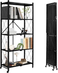 5-Tier Foldable Storage Shelf with Wheels, Heavy-Duty Metal Collapsible Shelving Unit, Rolling Storage Rack for Kitchen Pantry Garage Office, Pre-Assembled Organizer