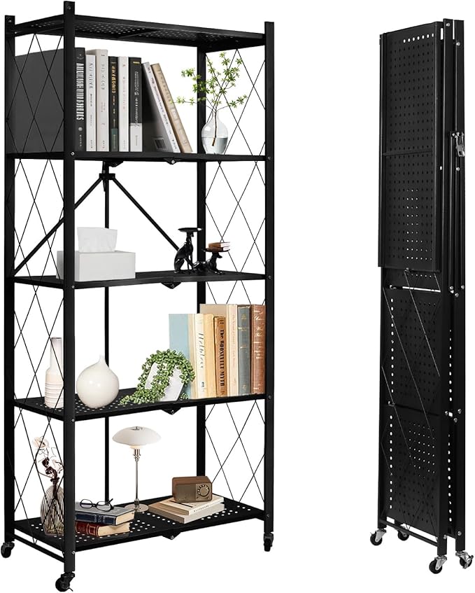 5-Tier Foldable Storage Shelf with Wheels, Heavy-Duty Metal Collapsible Shelving Unit, Rolling Storage Rack for Kitchen Pantry Garage Office, Pre-Assembled Organizer