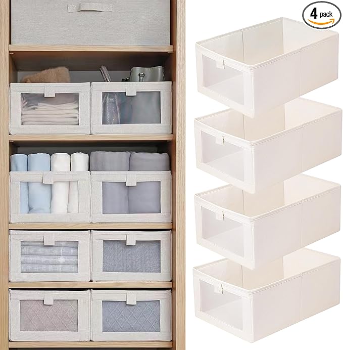 Linen Closet Organizers And Storage, 4 Pack Storage Bins Baskets for Organization Foldable Organizer with Clear Window Organizing Clothing, Jeans, Shelves