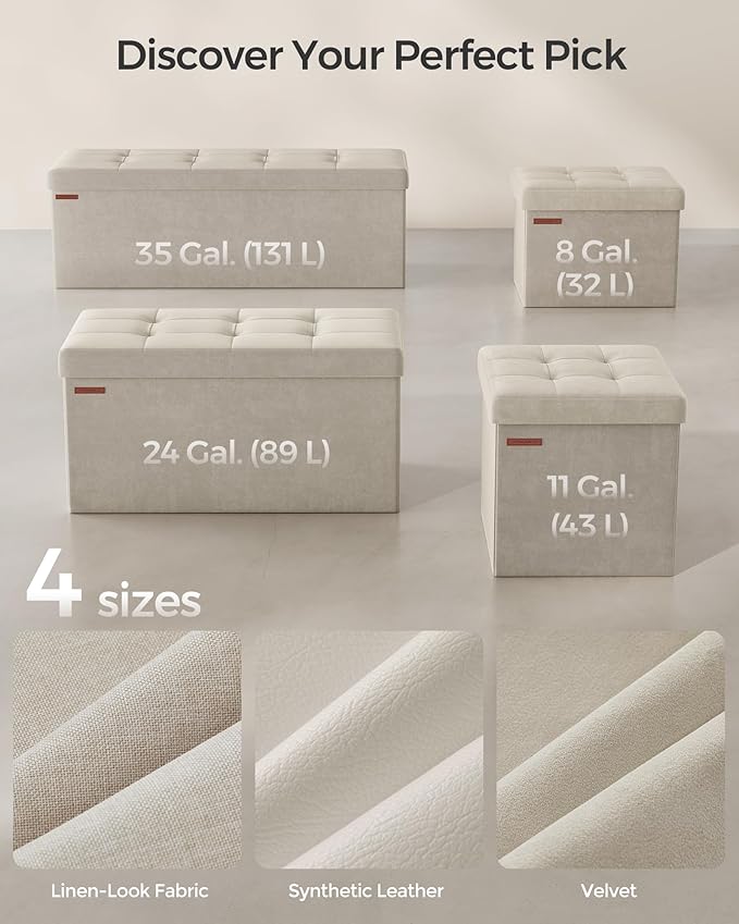 SONGMICS Small Storage Ottoman, Folding Ottoman Cube, 15 x 15 x 15 Inches, Footstool, Footrest, 11 Gal. (43 L), Velvet Surface, for Bedroom, Living Room, Dorm, Cream White ULSF227W01