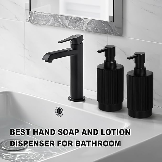 Hand and Dish Soap Dispenser Set for Kitchen, 2 Pack 11 fl oz Matte Black Ribbed Glass Soap and Lotion Dispensers Sets with Pump for Bathroom, Modern Refillable Liquid Soap Pump Bottle