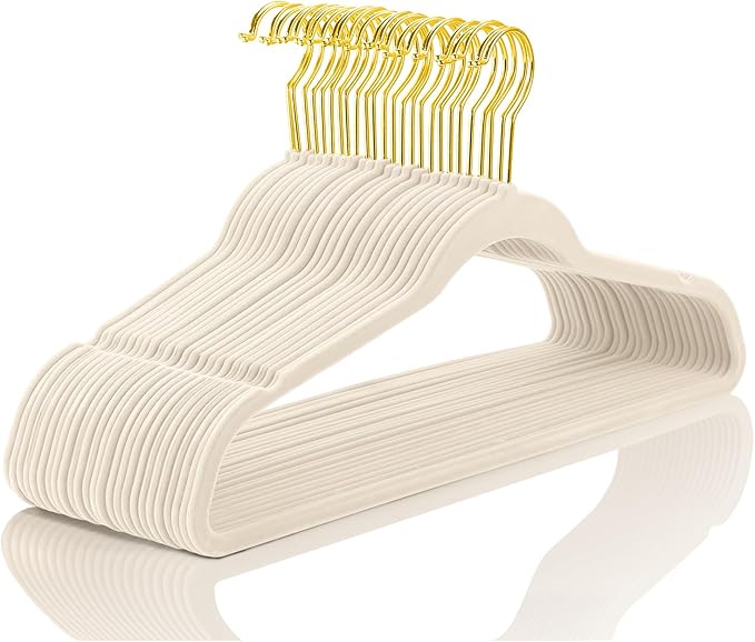 MIZGI Premium Velvet Hangers Pack 40 Pcs Heavy Duty - Non Slip Felt Hangers - Velvet Suit Hangers Ivory with Gold Hooks,Space Saving Clothes Hangers
