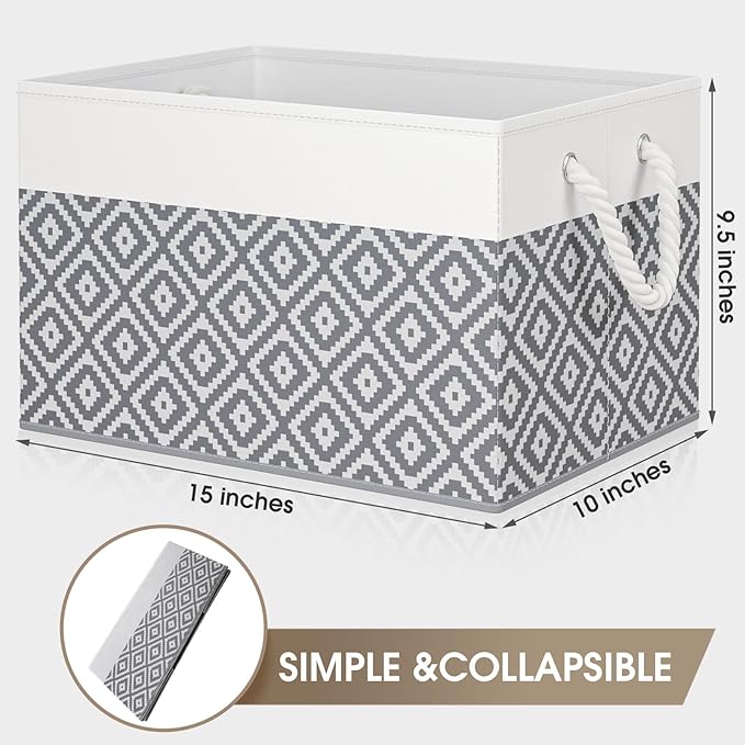 Storage Bins, 3-Pack Large Storage Box with Rope Handles, Collapsible Storage Basket for Organizing Books, Clothes, Rhombic Grey