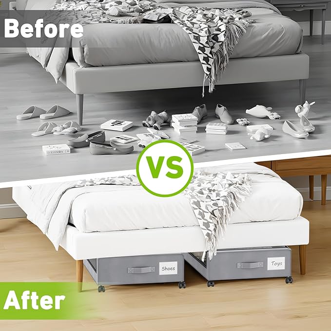 Under Bed Storage with Wheels, 4-Pack Underbed Storage Containers with Clear Lids, Under Bed Shoe Storage Organizer, Rolling Under Bed Storage for Clothes Shoes Blankets (Grey)