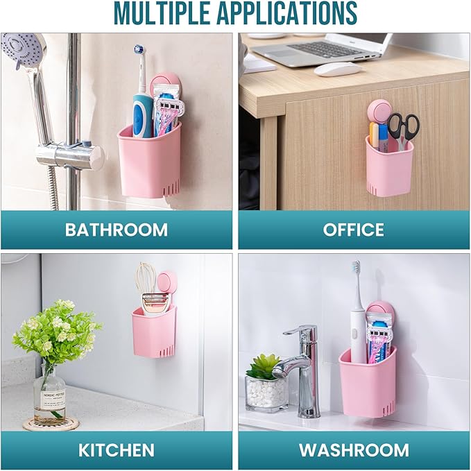 TAILI Suction Toothbrush Holder, Shower Toothbrush Holder for Wall, Powerful Toothpaste Toothbrush Suction Cup, Self-draining Shower Razor Holder, Kitchen Tableware Holder, 2 Pack, Pink