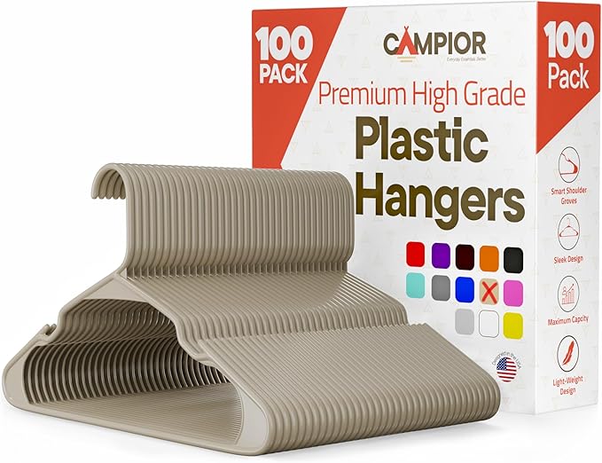 Plastic Clothes Hangers – Heavy Duty Hanger Set, for Organizing Clothes, Dresses, and Coat, Holds Up to 5 lbs, Space-Saving Hangers with Non-Slip Shoulder Grooves, Pack of 100, Ivory