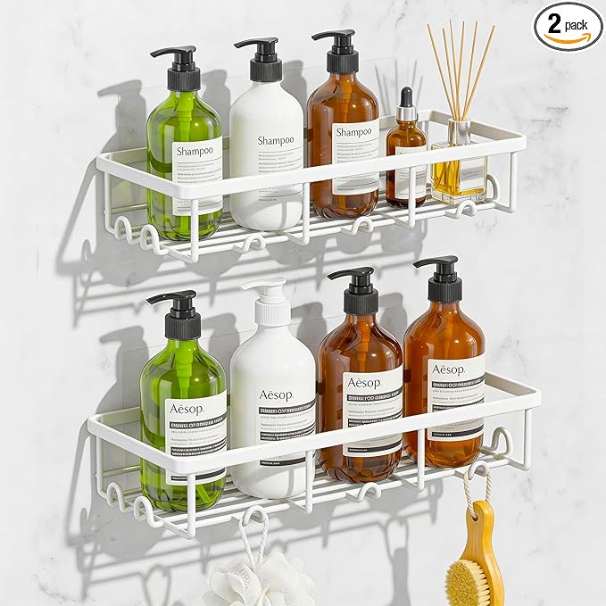White Shower Caddy Organizer, 2 Pack Adhesive Shampoo Holder Basket Shelves for Storage and Organization, Wall Suction Bath Bathtub Rack Set for RV Camper, Bathroom Restroom Decor and Accessories