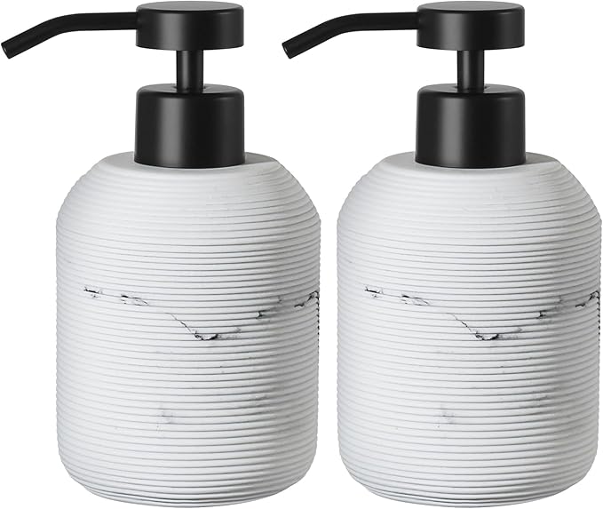 Marble Hand Soap Dispenser for Bathroom, 12 Fl Oz Soap and Lotion Dispenser Set, 2 Pack White Resin Dish Soap Dispensers for Kitchen, Refillable Liquid Bottle Container with Plastic Pump