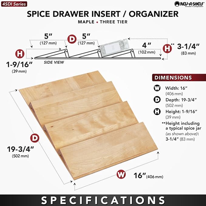 Rev-A-Shelf 3-Tier Wood Trim-to-Fit Spice Rack Drawer Insert, 16" x 19.75", Maple - Drop-In Seasoning Jars Storage Tray Organizer for Kitchen Cabinet and Pantry Organization, 4SDI-18