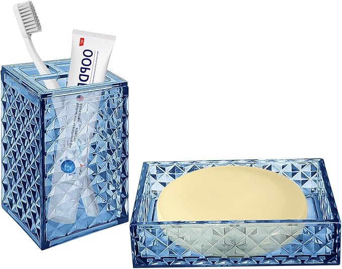 2PCS Blue Bathroom Accessories. Contain Soap Dispenser and Toothbrush Holder Set. Boho Bathroom Set for Blue Bathroom Décor