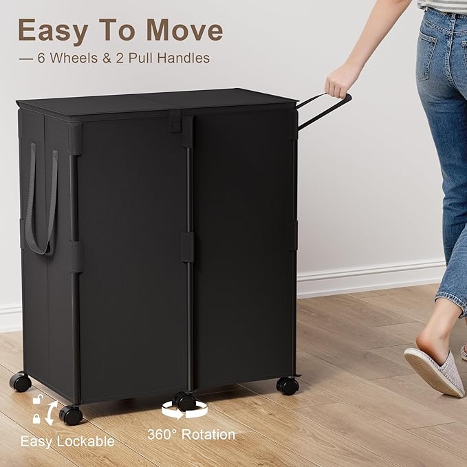 Chrislley 160L Large Double Laundry Hamper with Lid and 6 Wheels, Rolling Laundry Basket with 2 Removable Bags, Heavy Duty Metal Frame Laundry Cart, Dirty Clothes Hamper for Bathroom, Bedroom (Black)