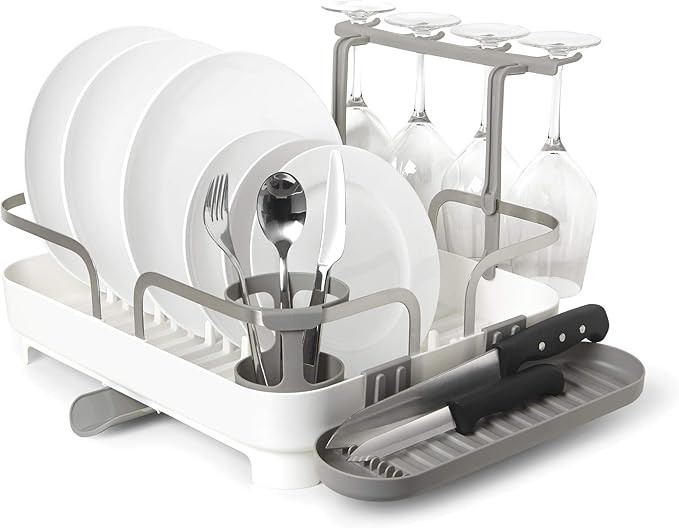 Umbra Holster Dish Rack– Molded Plastic Dish Drying Rack with Drainage Spout, White