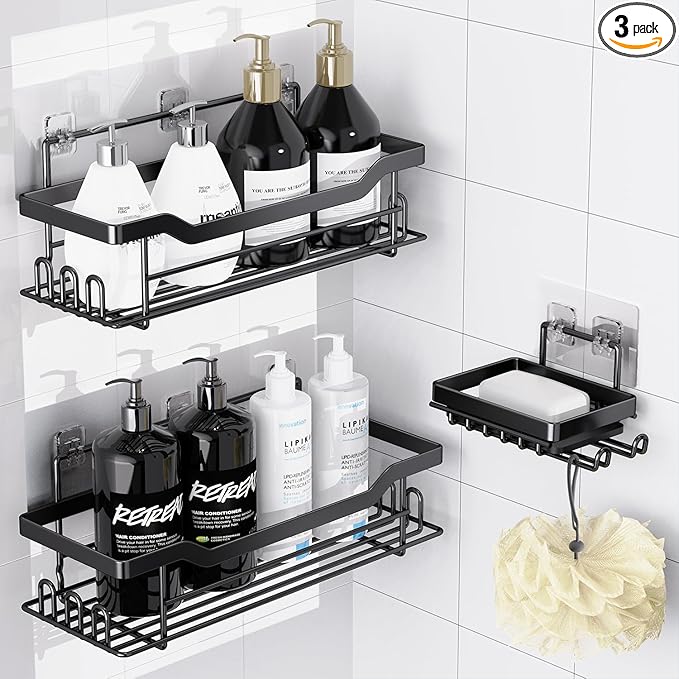 Shower Caddy Shelves Organizer, 3 Pack with Soap Holder, No Drilling Wall Mounted Self Adhesive Shelves, Matte Black