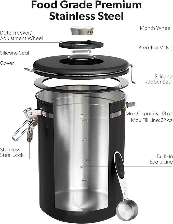 Veken Large Coffee Canister with Window, Rice Kitchen Food Storage Airtight Stainless Steel Container with Lids, Date Tracker and Scoop, Grounds, Beans, Tea, Flour, Cereal, Sugar Jars, 38oz, Black