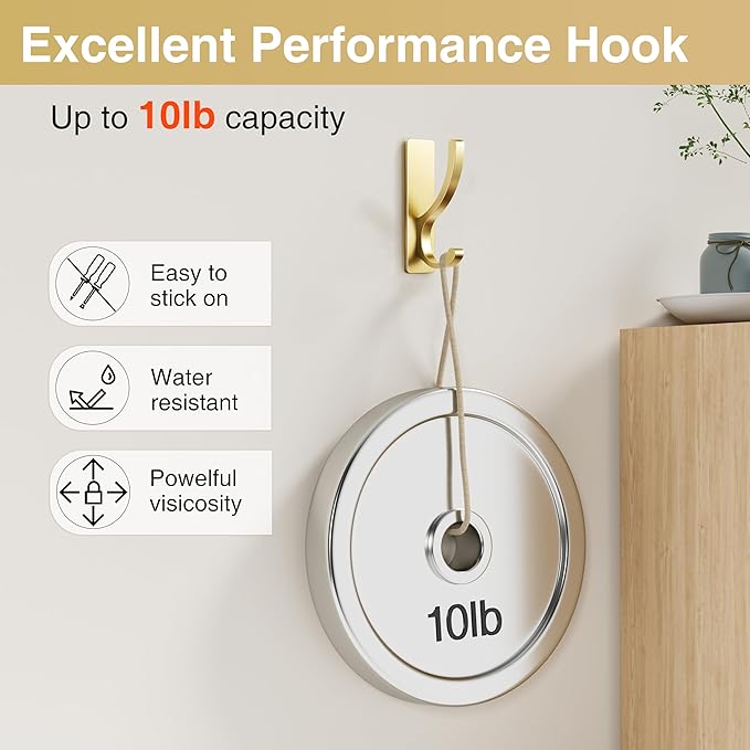pickpiff Adhesive Wall Hooks for Towels - Sticky Hook Hanging Heavy Duty (13lb), Hanger for Door, Bathroom, Dorm, Closet - for Coats, Purse, Bag, Robe - No Damage to Wall - Gold 4 Pack
