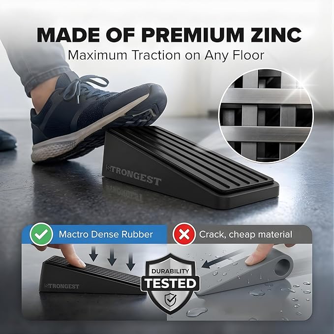 Strongest Home Heavy Duty Door Stopper Wedge (2 Black PCs) | Non-Slip Rubber and Metal Door Stop for Heavy Doors| Work on Wood, Tile, Carpet + 2 White Wall Protectors
