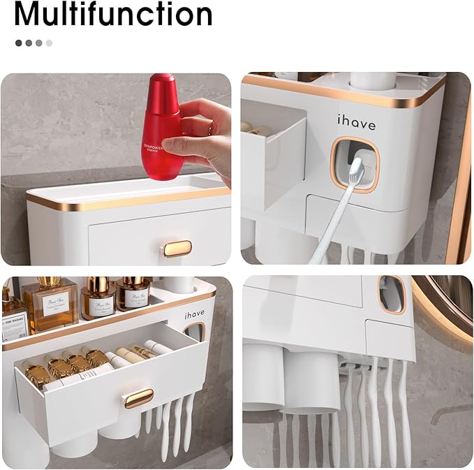 iHave Toothbrush Holders Wall Mounted with Toothpaste Dispenser & 3 Cups - Premium White and Gold Design for Bathroom Decor, All-in-One Bathroom Organizers & Storage for Toothbrushes and Accessories