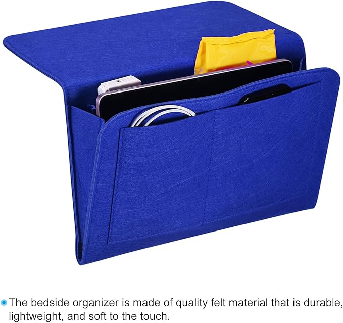 PATIKIL 13in Bedside Caddy, Bed Caddy Bedside Organizer Hanging 5 Pocket Soft Felt Bed Pockets Bedside Storage Organizer Remote Control Holder for Bedroom Phones Glasses, Blue