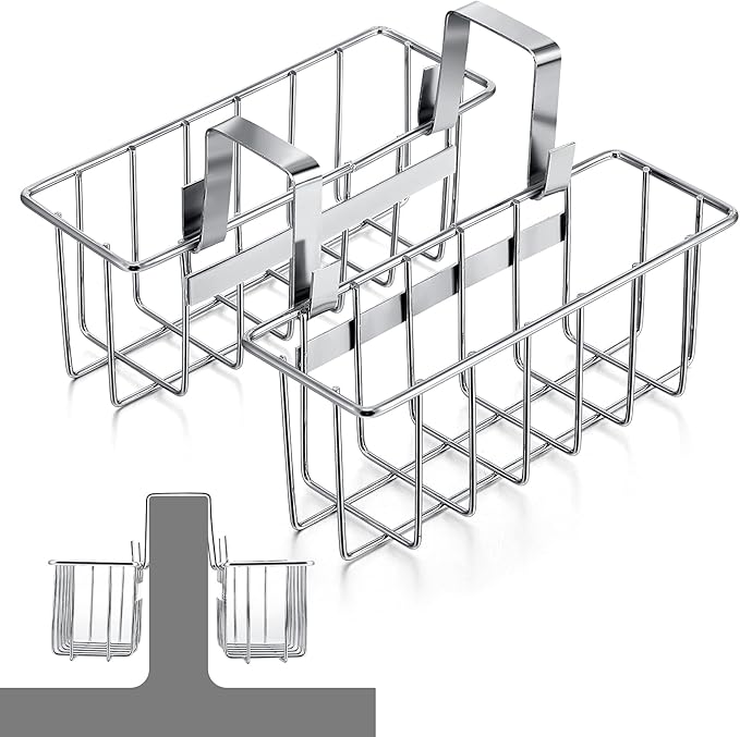 2 Pieces Sponge Holder Kitchen Sink Caddy Metal Sink Organizer Basket for Scrubber Soap Towel Brush Dishwashing Liquid Drainer Rack in Kitchen Bathroom Bathtub, Silver