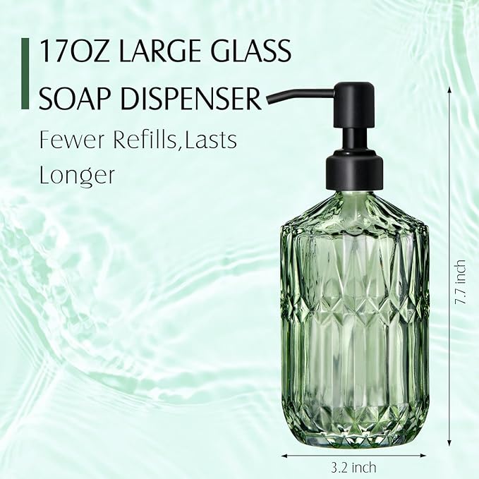 17 Oz Green Glass Kitchen Soap Dispenser for Dish Soap, 2 Pack Bathroom Soap Dispenser Set with Black Rust Proof Pump for Lotion, Hand soap or Body Wash