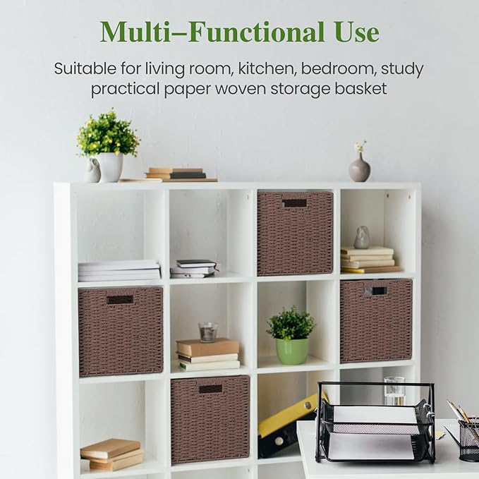 Woven Wicker Storage Baskets 2-Pack, 11x11 Handwoven Paper Rope Organizer Bins, Foldable Cube Storage Cubes with Built-in Handles for Shelves and Closet Organization(Dark Brown）