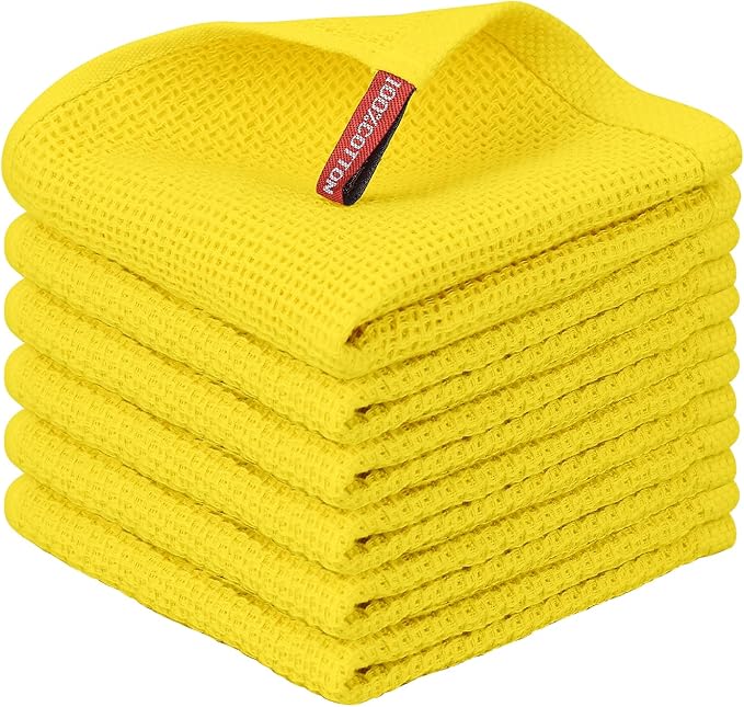 Nialnant 6 Pack Yellow Kitchen Dish Cloths, 100% Cotton Waffle Weave Dish Towels for Drying Dishes, Quick Drying Kitchen Towels, Soft Absorbent Dish Rags - 12x12 in