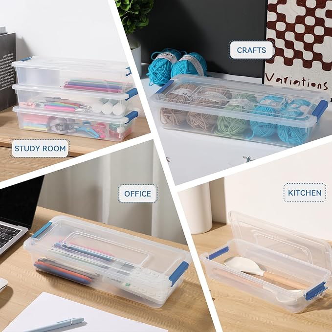 novelinks Clear Stackable Storage Bins with lid Storage Boxes Durable Plastic Organizer Containers for Home Office, Kitchen, Craft Supplies (4 Quart 8 Pack Blue)