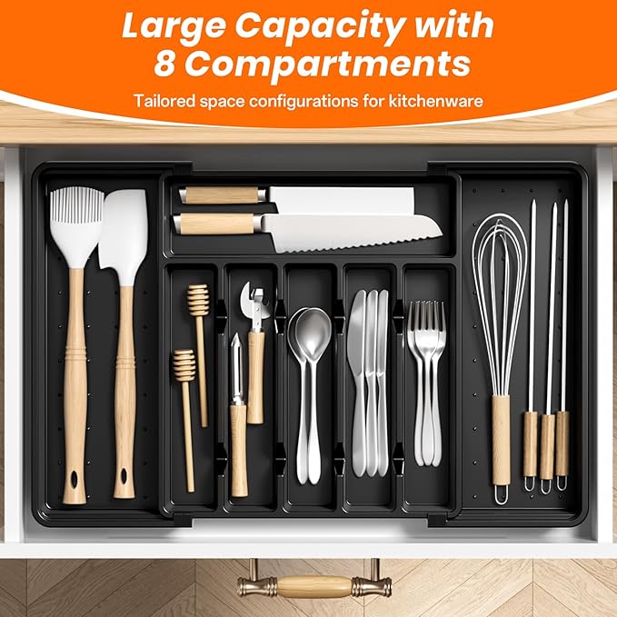 Large Silverware Organizer,Expandable Utensil Drawer Organizer,BPA Free Utensil Holder,Adjustable Silverware Tray Cutlery Drawer Organizer for Kitchen Flatware,Large,Black (6-8 Slots)