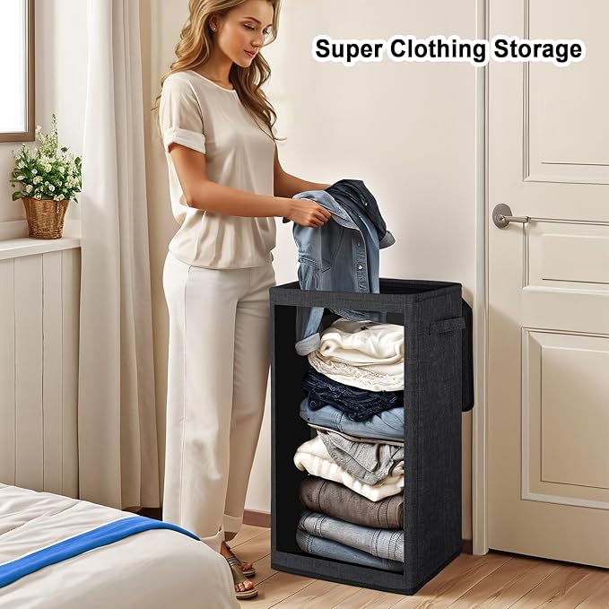 Odonata 75L Slim Laundry Hamper with Lid,Large Foldable Laundry Basket with Removable Bag and Handles Tall Collapsible Dirty Clothes Basket Great for Bedroom, Bathroom, Dorm, College,RV.(Black, 75L)