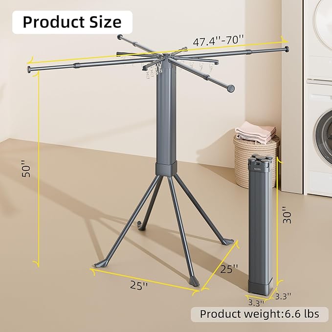 BIREN Clothes Drying Rack Foldable Extending Laundry Rack with 16 Clips Collapsible Clothing Rack Space-Saving Clothing Racks for Hanging Clothes, Indoor, Camping, Balcony, Outdoor