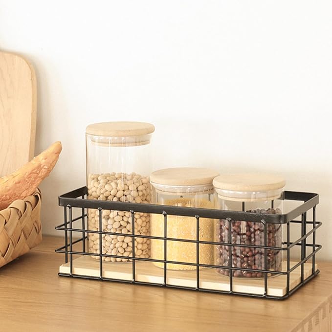 2-Pack Small Wire Baskets, Metal Wire Storage Baskets, Rustic Storage Bin Wood Base Containers Farmhouse Rectangle Organizer Tray for Home Kitchen Bathroom