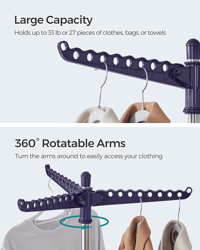 SONGMICS Clothes Drying Rack, 59-Inch Folding Laundry Drying Rack with 3 Rotatable Arms for Hangers, 4 Legs, Stainless Steel, for 27 Pieces of Clothes, Blue and Silver ULLR510Q01