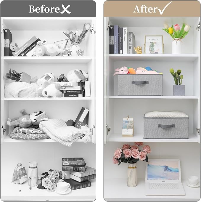 Storage Baskets, 15.7 Inch Woven Fabric Bins, Storage Cubes with Reinforced Handles, Organizer Bins for Closet Shelves, Foldable, for Toys, Clothes (4PCS/Grey-15.7*11*7.8inch)