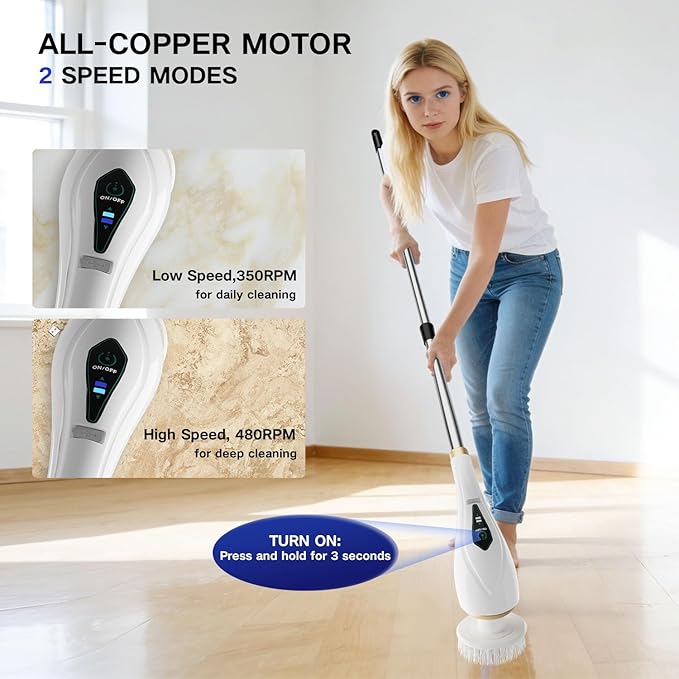Hofenta Electric Spin Scrubber with 10 Replaceable Brush Heads, Extendable Handle Up to 59", 2 Speed Modes, Waterproof, Cordless Cleaning Brush, 2H Cleaning Time,Perfect for Home, Bathroom,Kitchen