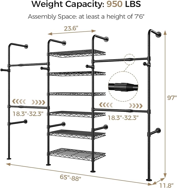 Closet Organizers and Storage, 3-Row Heavy Duty Garment Rack Clothes Rack for Hanging Clothes, Wall Mounted Closet System with 4 Telescopic Rods, 4 Hooks, 6 Shelves for Wardrobe, Bedroom, Small Space