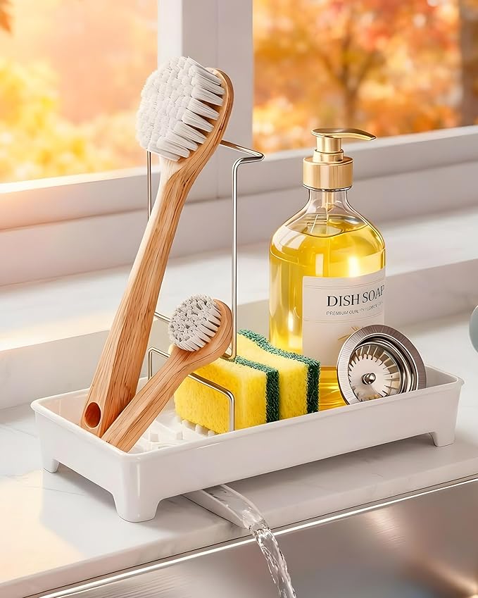 Minimalist Sink Caddy, Rustproof Sponge Holder for Kitchen Sink with 304 Stainless-Steel Brush Holder, Countertop Rack Organizer with Raised Ridges & Silicone Drain Tube (Cream White)