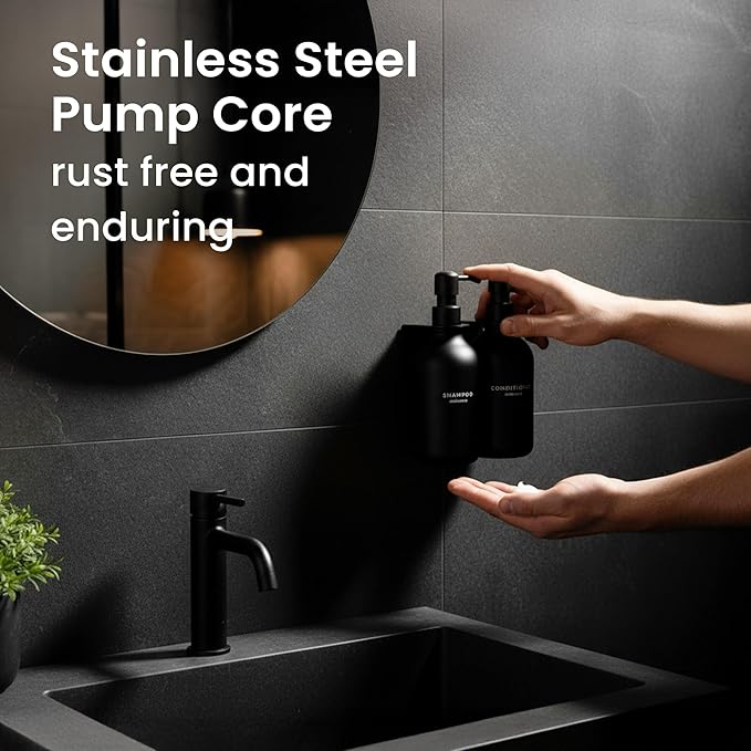 MaisoNovo Shampoo and Conditioner Dispenser - Shower Soap Dispenser Wall Mounted - 16.9 fl oz Set of 2 Black Plastic Bottles Black Plastic Pumps - 2 Chamber No Drill