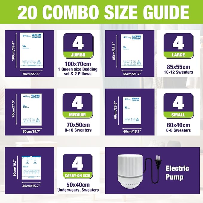 Vacuum Storage Bags with Electric Pump, Vacuum Seal Bags for Clothing, Pillows, Blanket Bedding Comforters, 20 pack