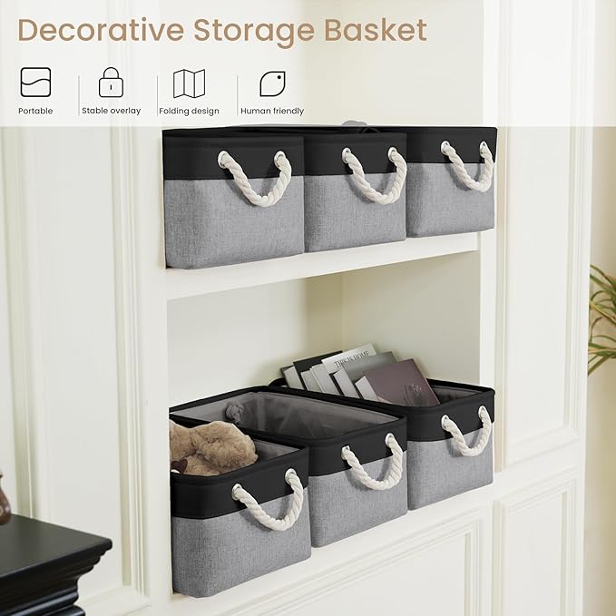 Storage Baskets for Shelves 13.8x9.8x6.7 Inch, Foldable Fabric Storage Bins with Handles, Small Storage Baskets for Organizing Closet, Office, Home Organization (1-Pack, Black&Gray)