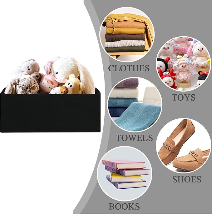 Foldable Fabric Storage Cubes, 2 Packs Cloth Storage Baskets with Wooden Handles, Collapsible Shelf Closet Organizer Bins, Rectangular Storage Boxes for Decor (Black)