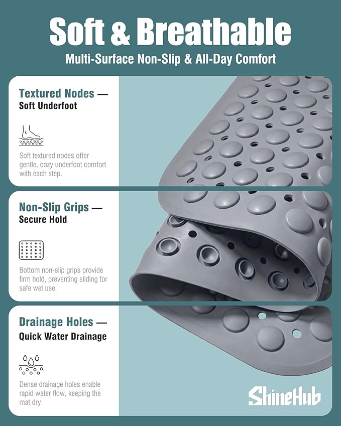 ShineHub Non-Slip Bath Mat for Tub Shower, TPE Machine Washable Bathroom Essentials with Suction Cups, Quick-Dry 28x16 inch (Mist Pine Gray)