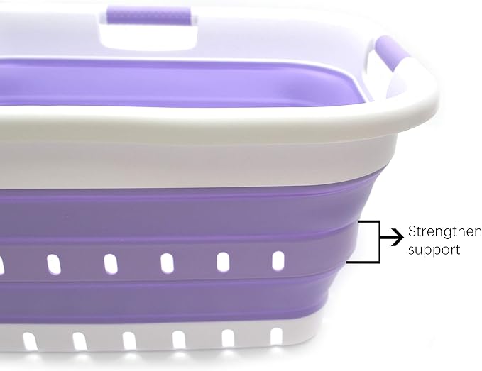 SAMMART 41L Collapsible 3 Handled Plastic Laundry Basket - Foldable Pop Up Storage Container/Organizer - Portable Basket - Space Saving Hamper/Basket (3 handled rectangular, White/Lt. Purple)