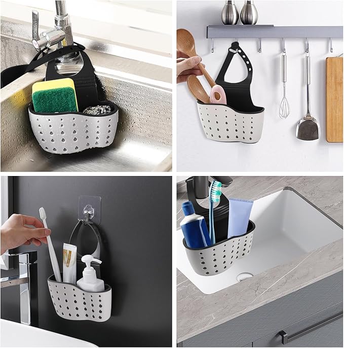 Kitchen Sink Caddy Sponge Holder for Kitchen Sink Accessories Organizer Dish Sponge Holder Ajustable Strap Faucet with Drain Holes for Drying (1 pc Beige)
